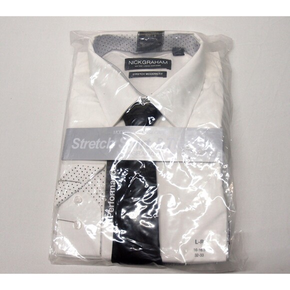 Nick Graham Men's Stretch Collared Button-Down Shirt, White, &Tie 16-16.5/32-33 - Picture 1 of 5